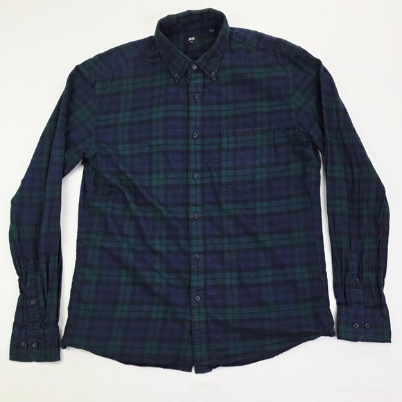 Uniqlo Size Medium Green Navy Plaid Flannel Men's Button Down Long Sleeve Shirt - Picture 5 of 9